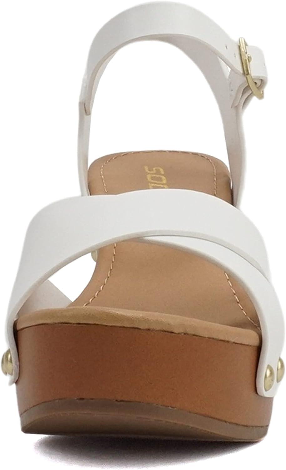 imageSoda MIGUEL  Women Crisscross Band Fashion Chunky Platform Block Mid Heel Sandal with Ankle Strap and StudWhite Pu