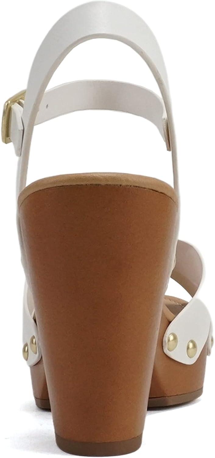 imageSoda MIGUEL  Women Crisscross Band Fashion Chunky Platform Block Mid Heel Sandal with Ankle Strap and StudWhite Pu
