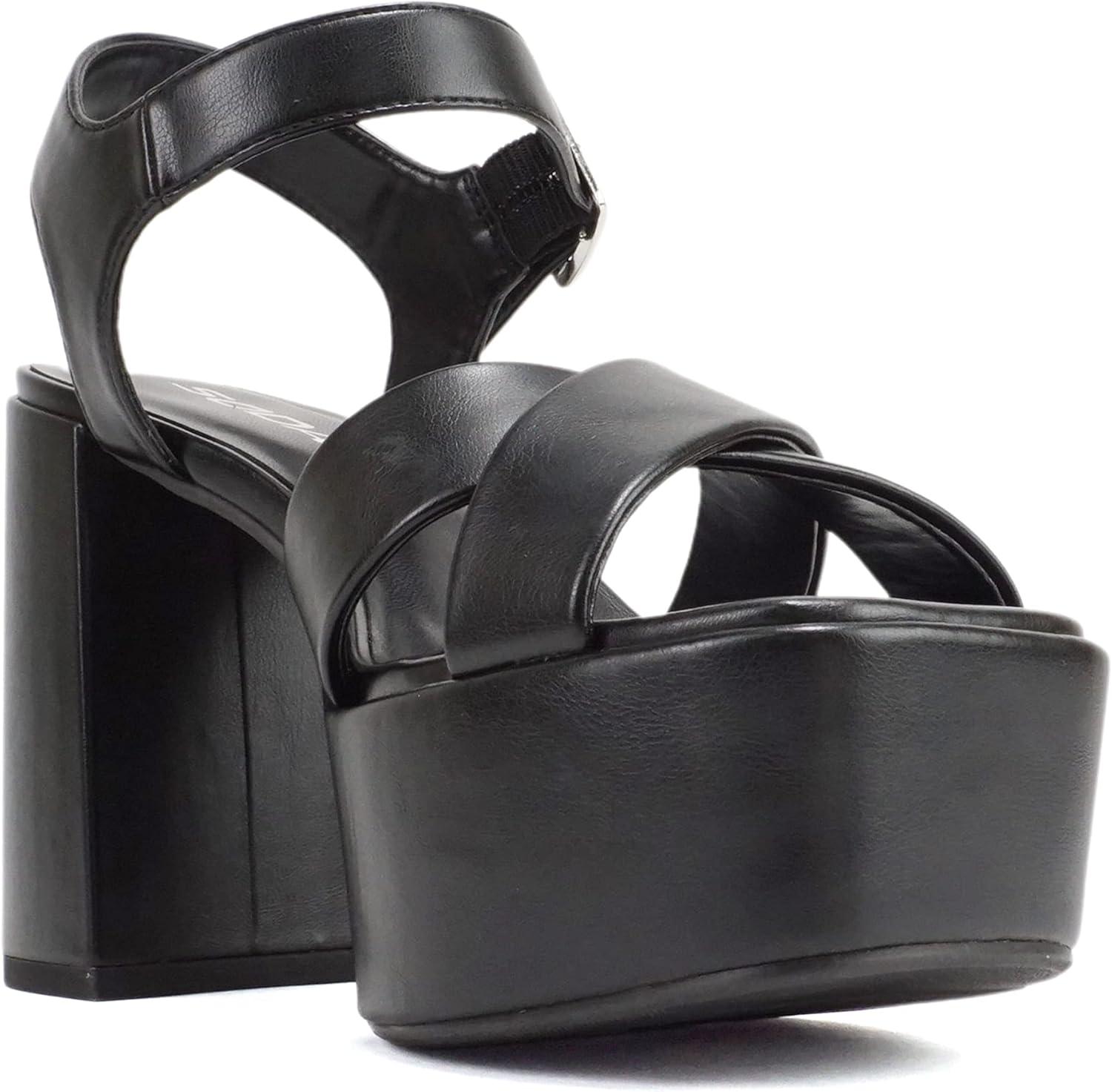 imageSoda MODIFY  Women Open Square Toe Crisscross Band Ankle Strap Buckle Platform High Heel SandalBlack Pu
