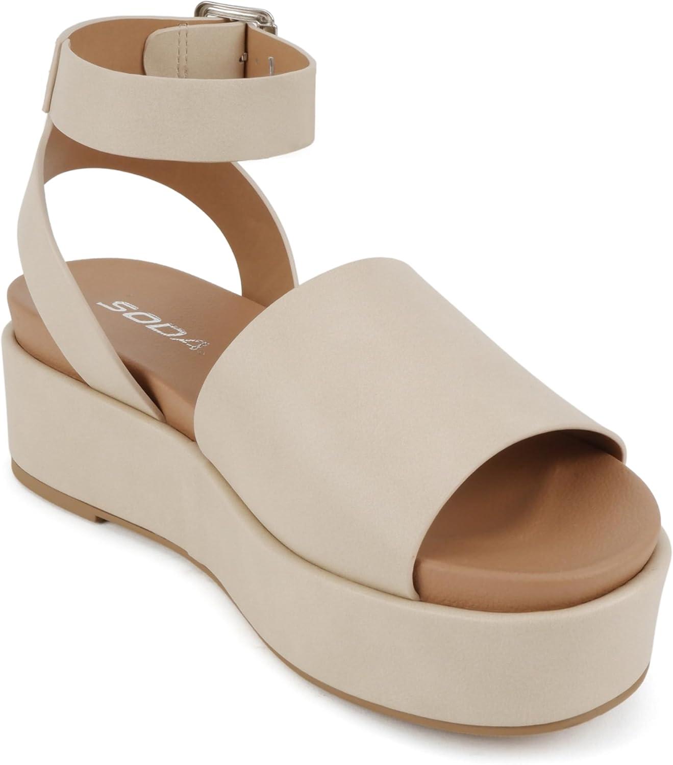 imageSoda Magic  Women Round Toe Single Band Platform Sandal with Adjustable Ankle StrapBeige Pu