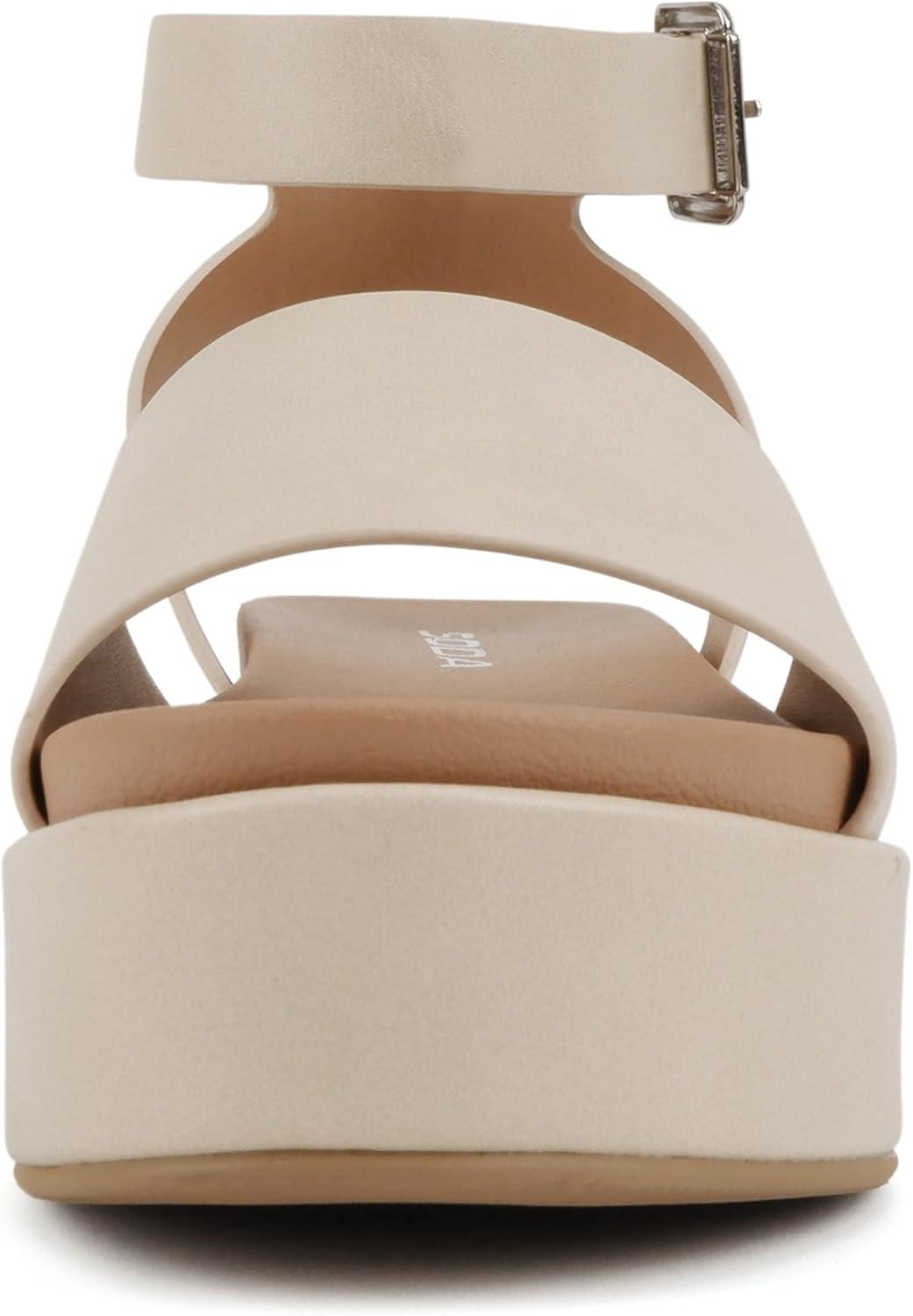 imageSoda Magic  Women Round Toe Single Band Platform Sandal with Adjustable Ankle StrapBeige Pu