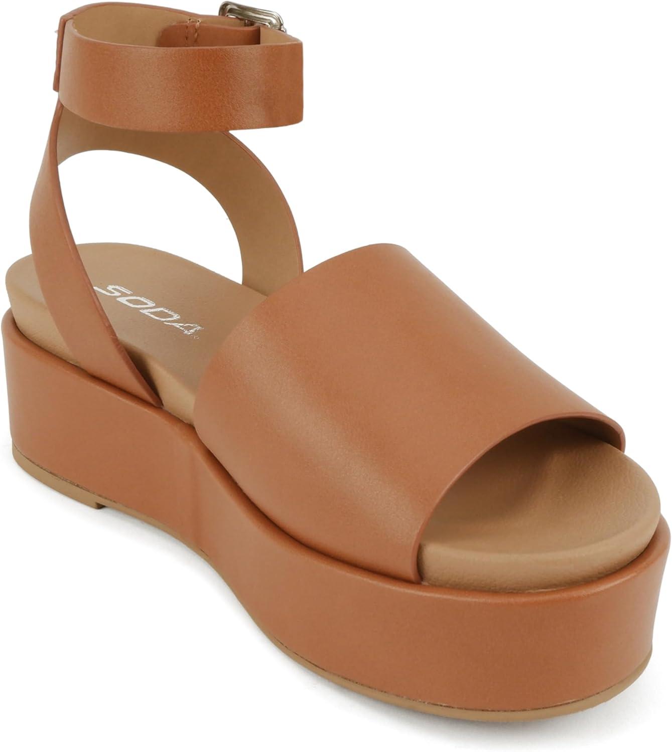imageSoda Magic  Women Round Toe Single Band Platform Sandal with Adjustable Ankle StrapTan Pu