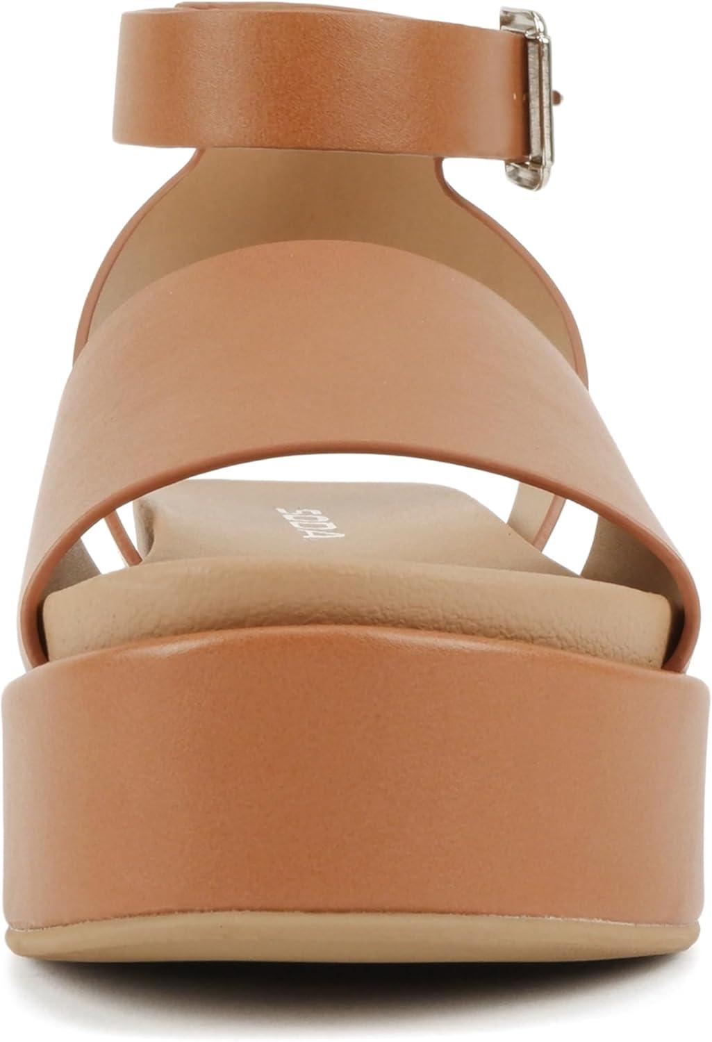 imageSoda Magic  Women Round Toe Single Band Platform Sandal with Adjustable Ankle StrapTan Pu