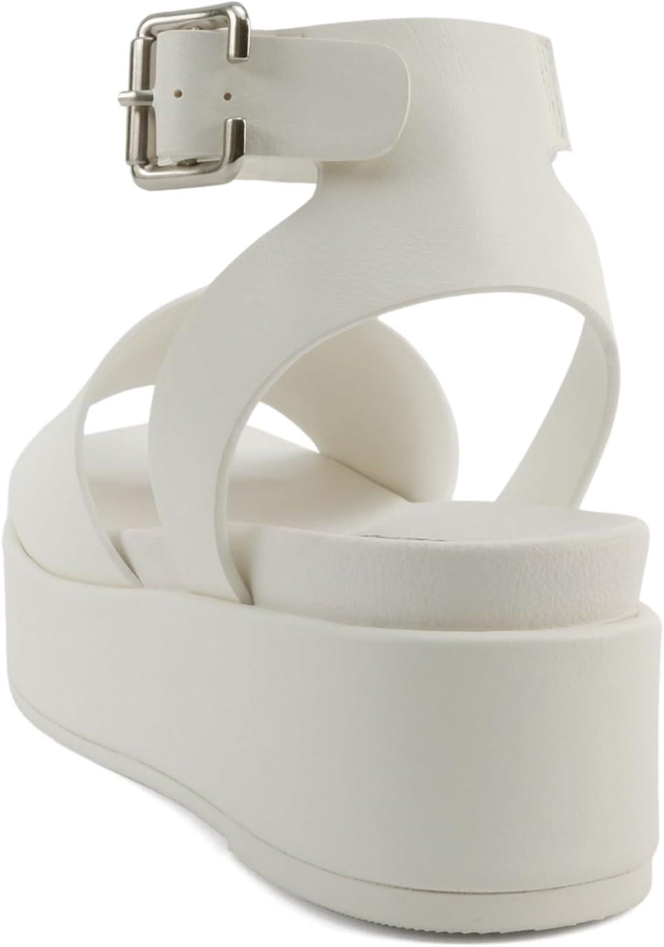 imageSoda Magic  Women Round Toe Single Band Platform Sandal with Adjustable Ankle StrapWhite Pu