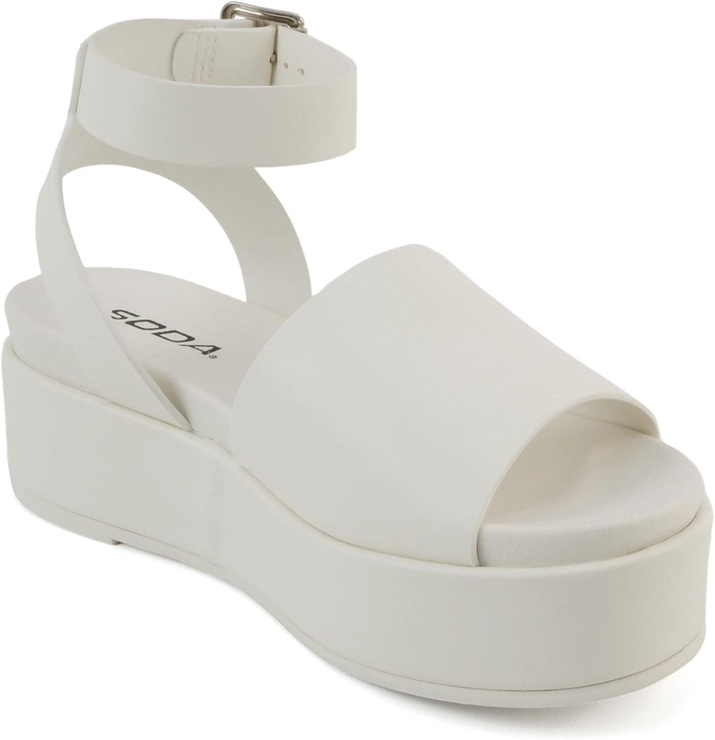imageSoda Magic  Women Round Toe Single Band Platform Sandal with Adjustable Ankle StrapWhite Pu
