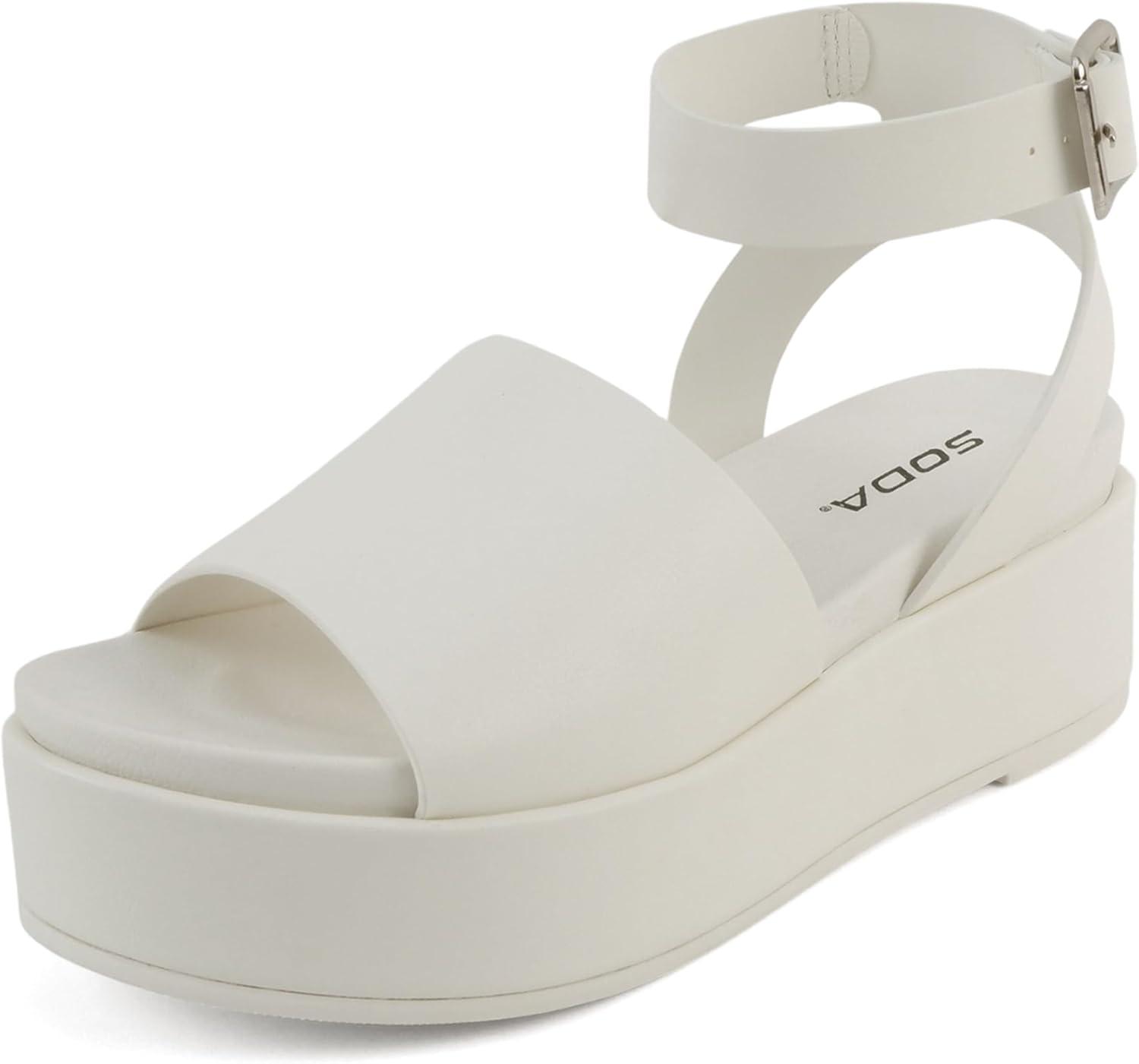 imageSoda Magic  Women Round Toe Single Band Platform Sandal with Adjustable Ankle StrapWhite Pu