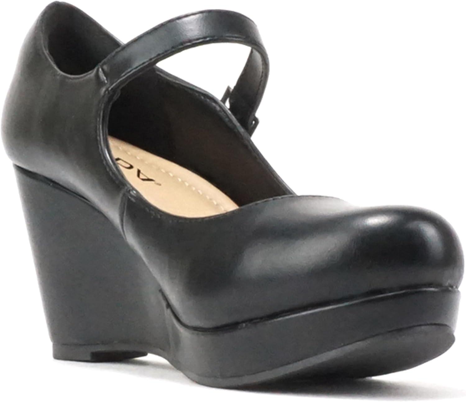 imageSoda Merry  Womens Mary Jane Strap Comfortable Platform Wedge Pump Heel Shoes Wide Fit AvailableBlack Pu