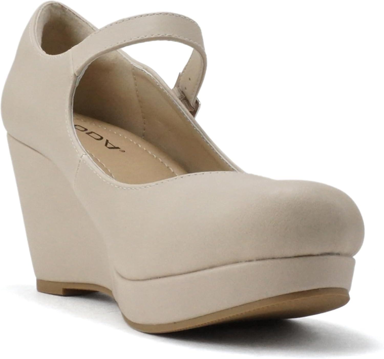 imageSoda Merry  Womens Mary Jane Strap Comfortable Platform Wedge Pump Heel Shoes Wide Fit AvailableNude Pu