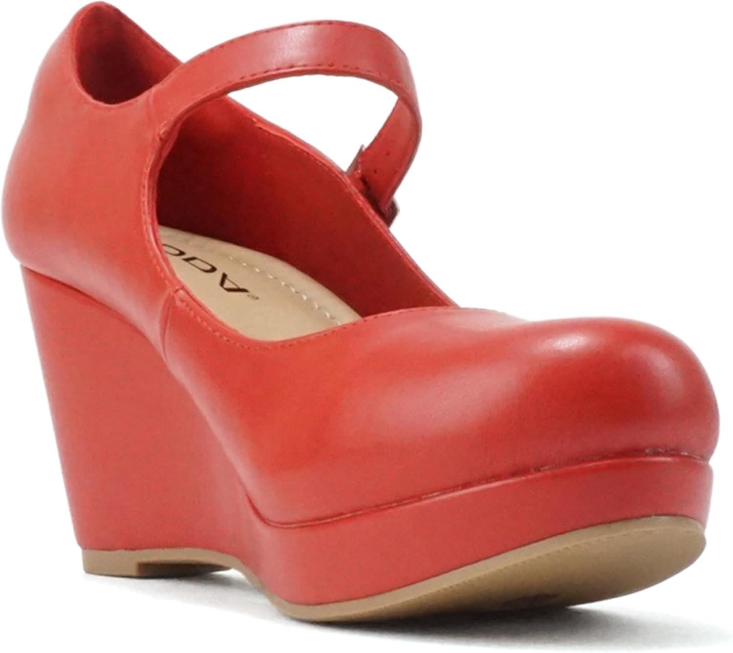 imageSoda Merry  Womens Mary Jane Strap Comfortable Platform Wedge Pump Heel Shoes Wide Fit AvailableRed Pu