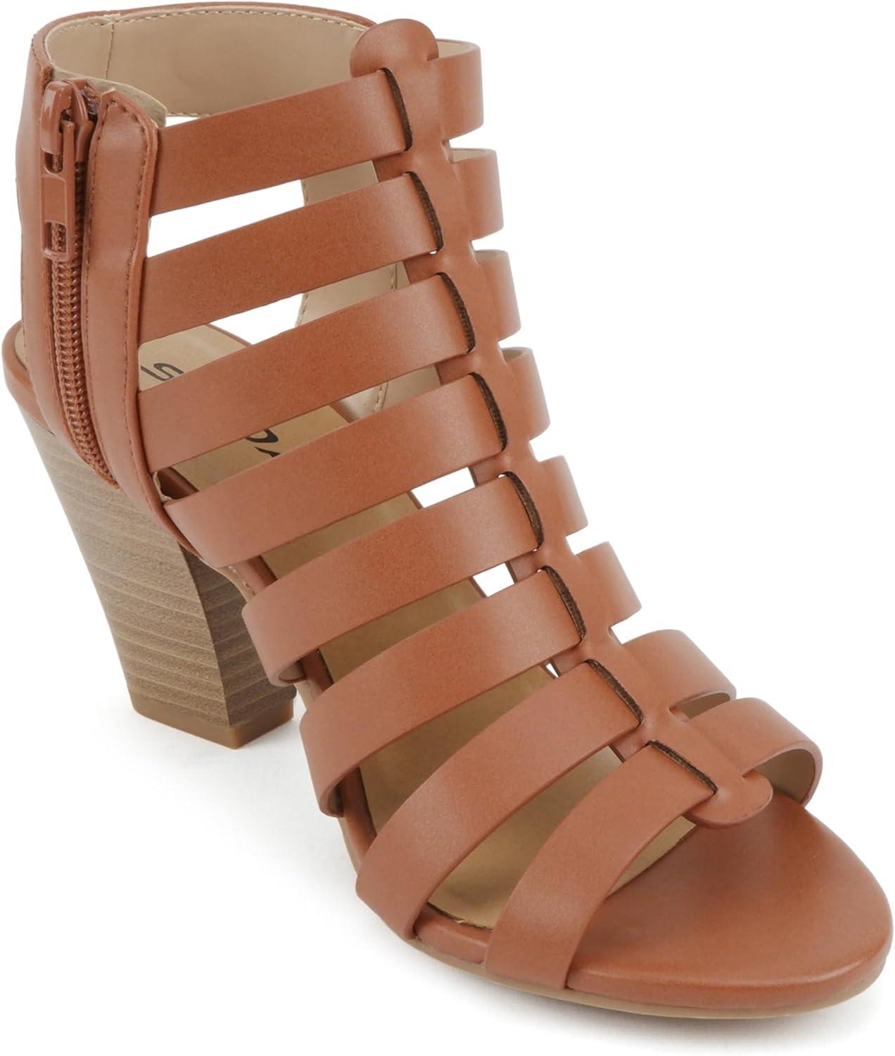 imageSoda Molten  Women Round Toe Open Back Gladiator Low Heel Sandal with Side ZipperMid Tan Pu