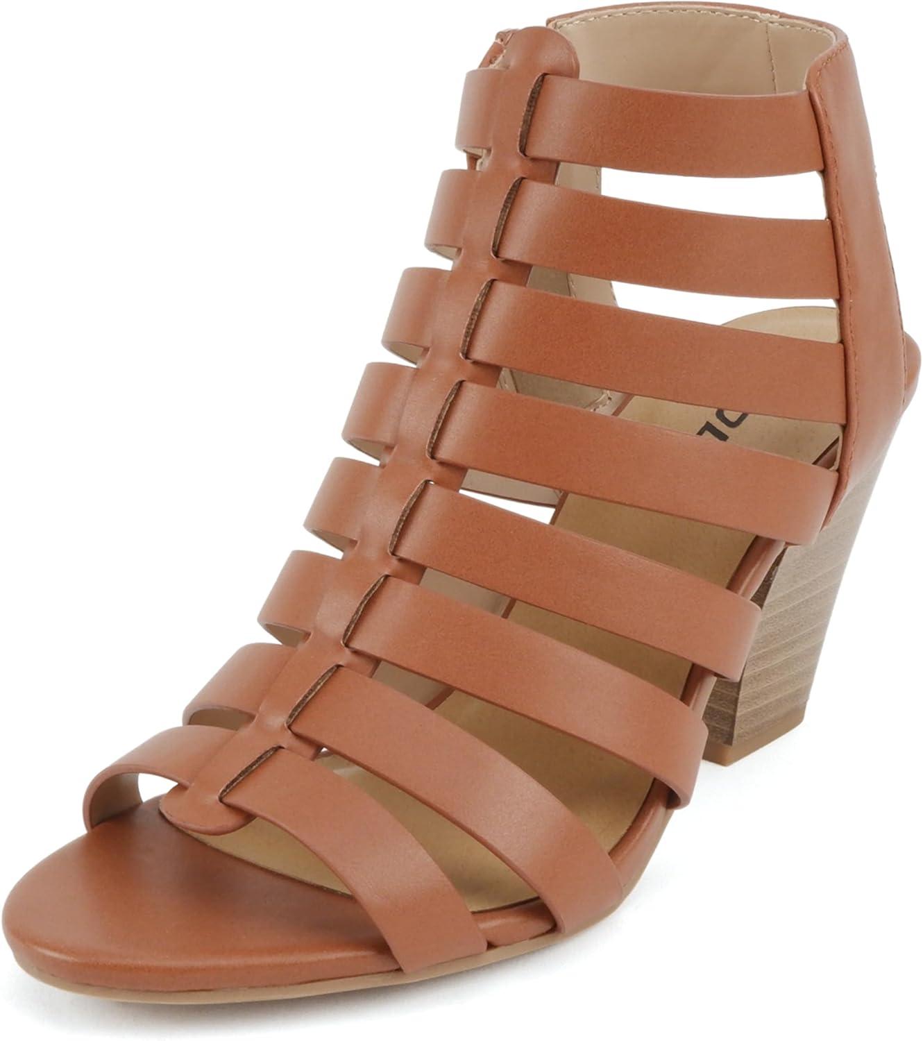 imageSoda Molten  Women Round Toe Open Back Gladiator Low Heel Sandal with Side ZipperMid Tan Pu