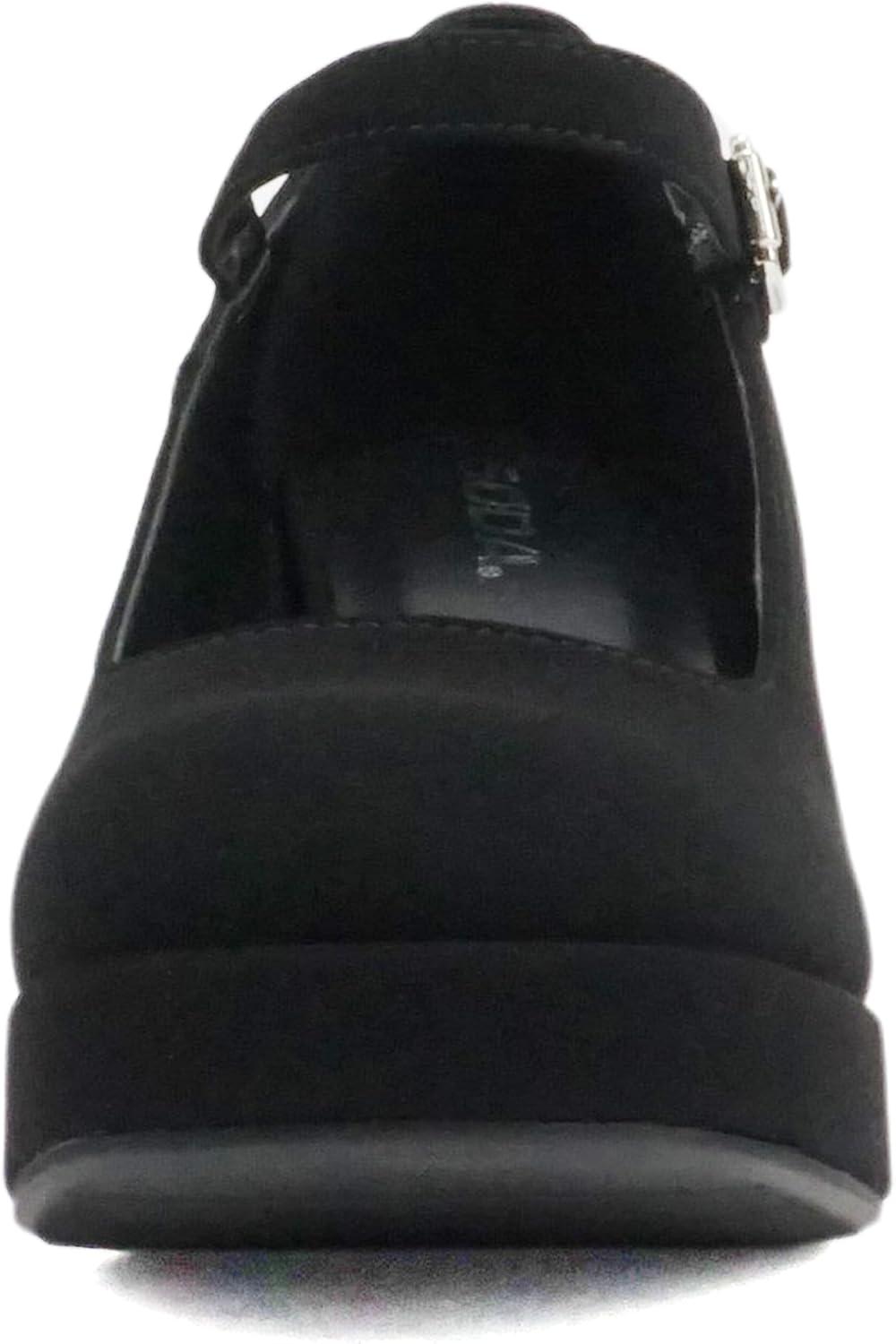 imageSoda NOSTA  Women Square Toe Mary Jane Platform High Chunky Flare Heel Pump Shoe with Adjustable Ankle StrapBlack Nubuck