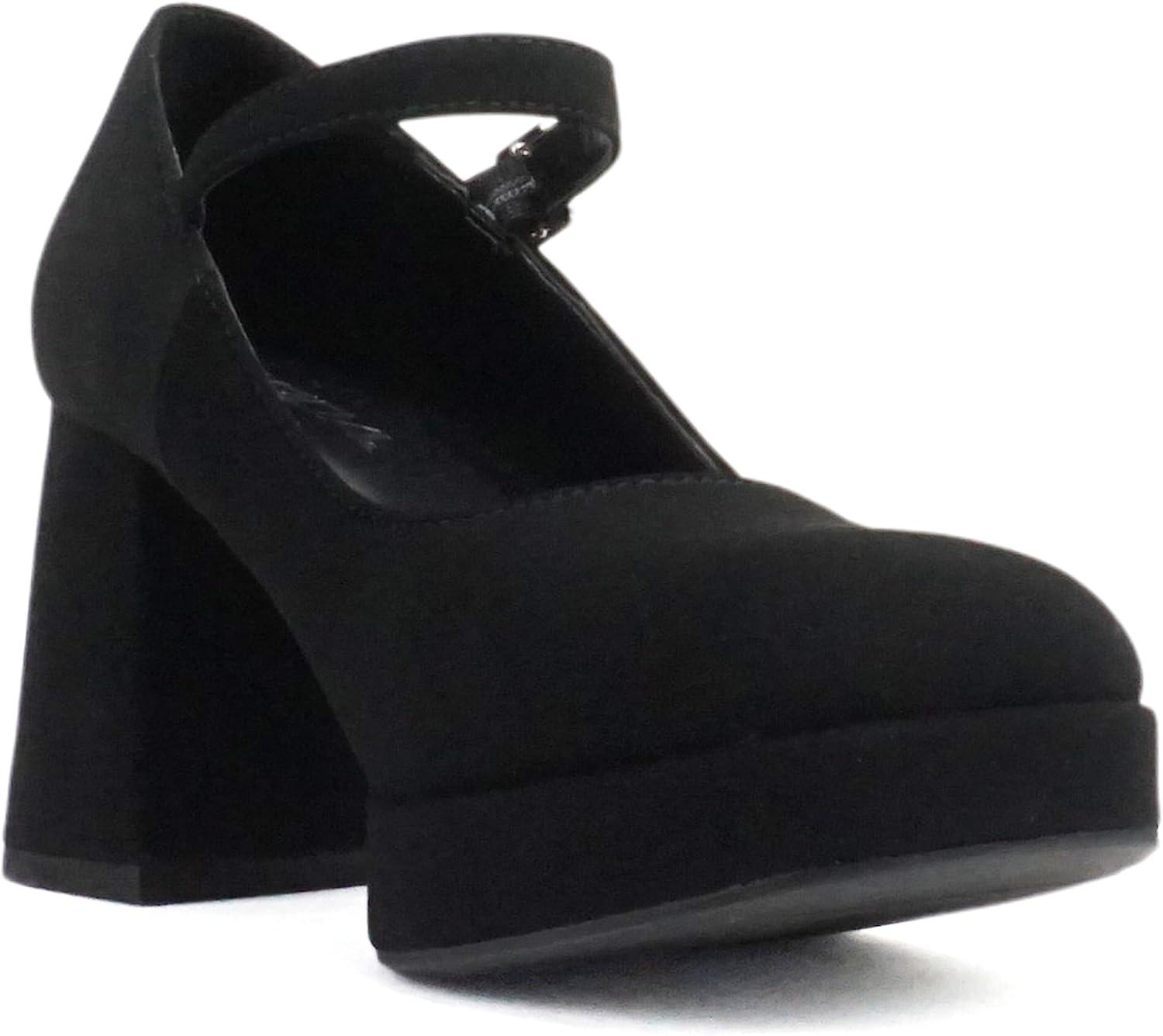 imageSoda NOSTA  Women Square Toe Mary Jane Platform High Chunky Flare Heel Pump Shoe with Adjustable Ankle StrapBlack Nubuck