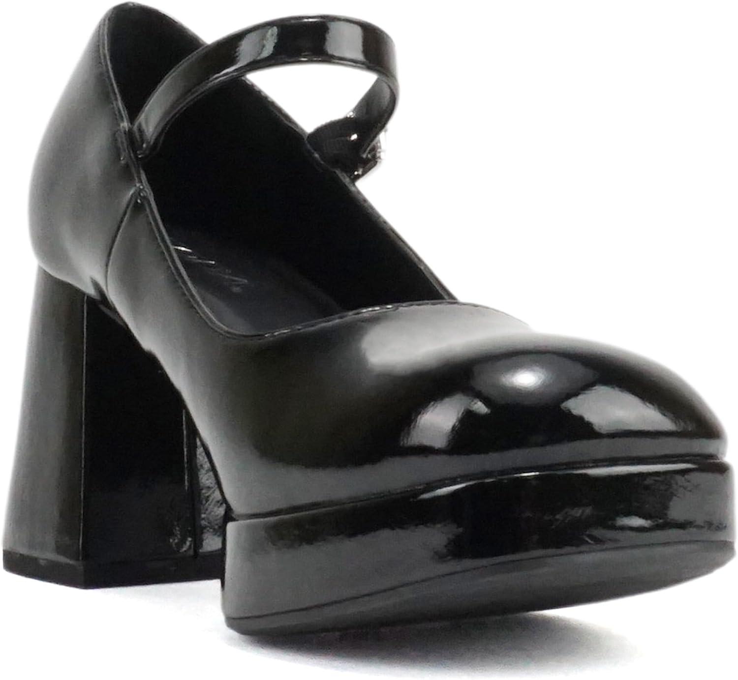 imageSoda NOSTA  Women Square Toe Mary Jane Platform High Chunky Flare Heel Pump Shoe with Adjustable Ankle StrapBlack Patent