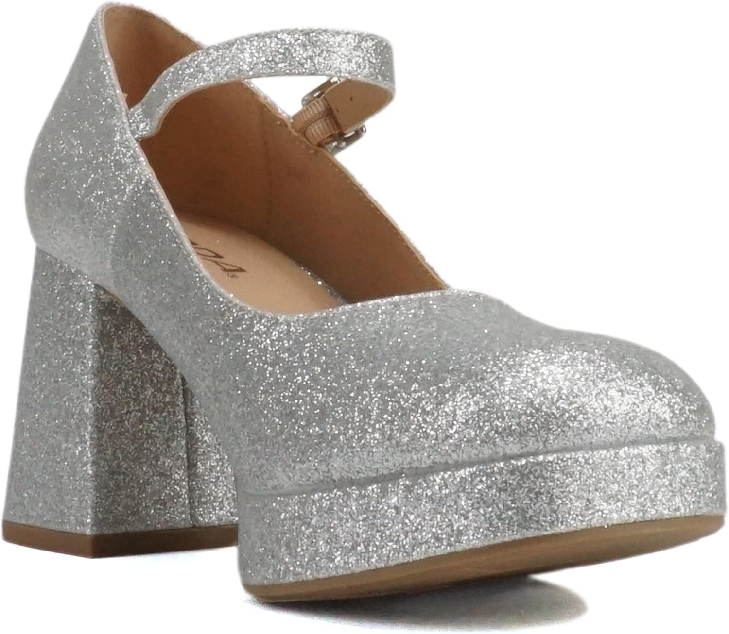 imageSoda NOSTA  Women Square Toe Mary Jane Platform High Chunky Flare Heel Pump Shoe with Adjustable Ankle StrapSilver Glitter