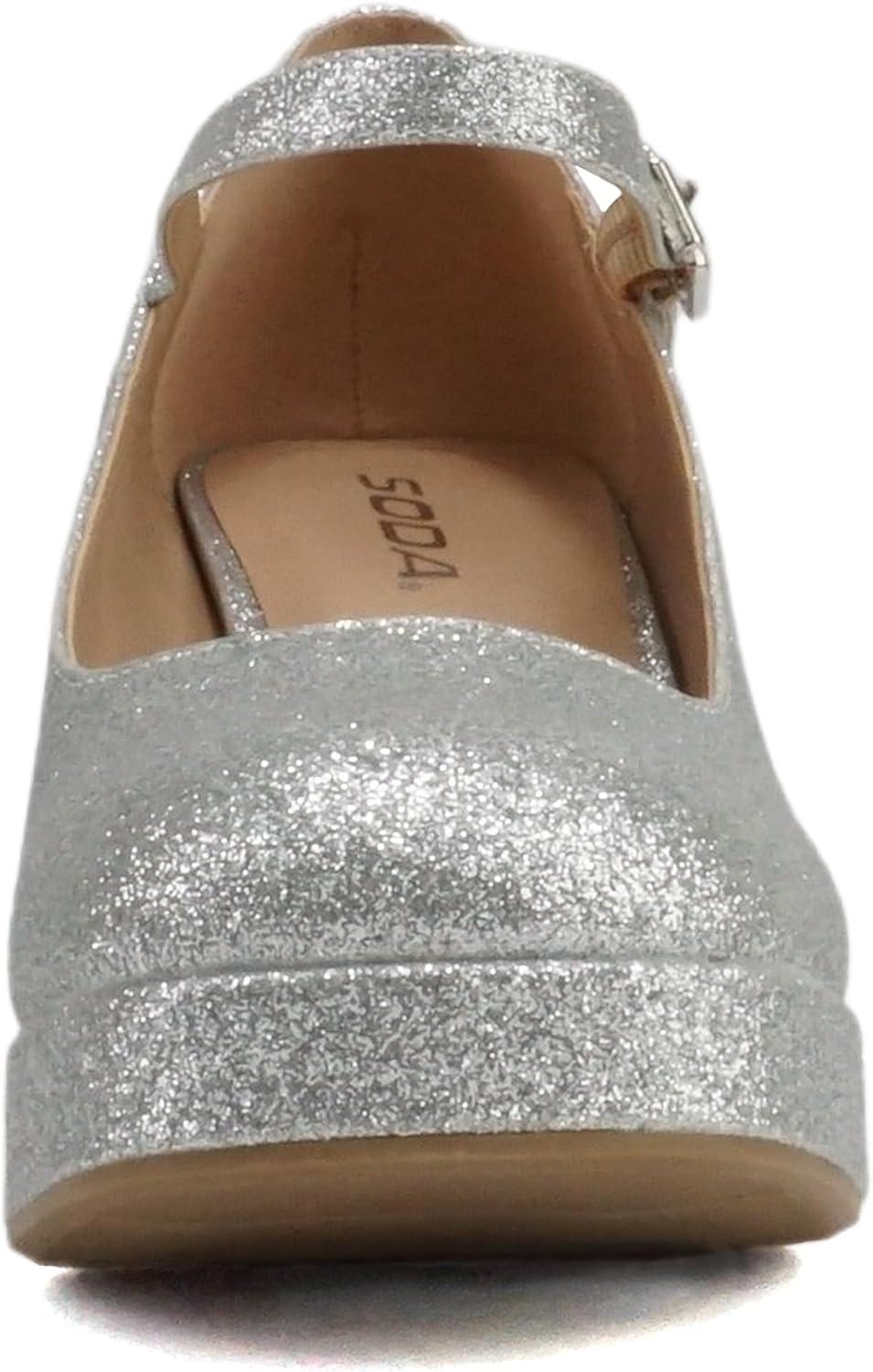 imageSoda NOSTA  Women Square Toe Mary Jane Platform High Chunky Flare Heel Pump Shoe with Adjustable Ankle StrapSilver Glitter