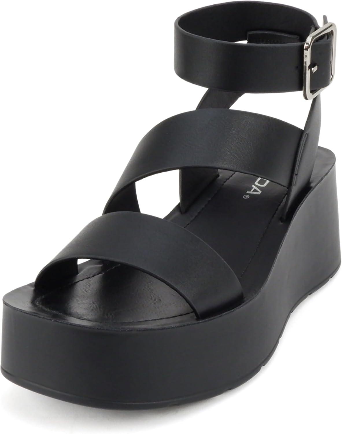 imageSoda Newday  Women Square Toe Multi Strap Low Heel Wedge Sandal with Adjustable Ankle StrapBlack Pu
