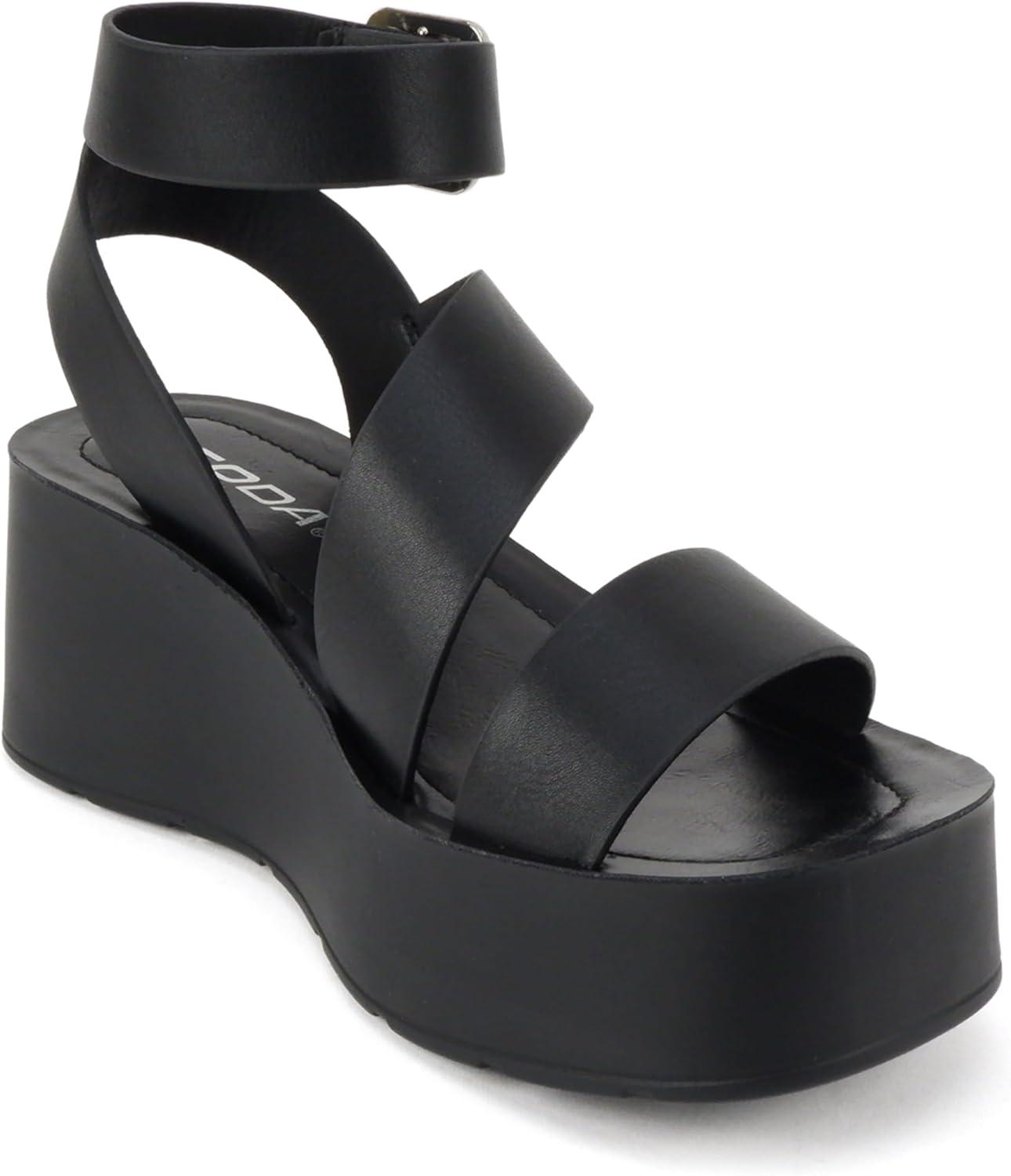 imageSoda Newday  Women Square Toe Multi Strap Low Heel Wedge Sandal with Adjustable Ankle StrapBlack Pu