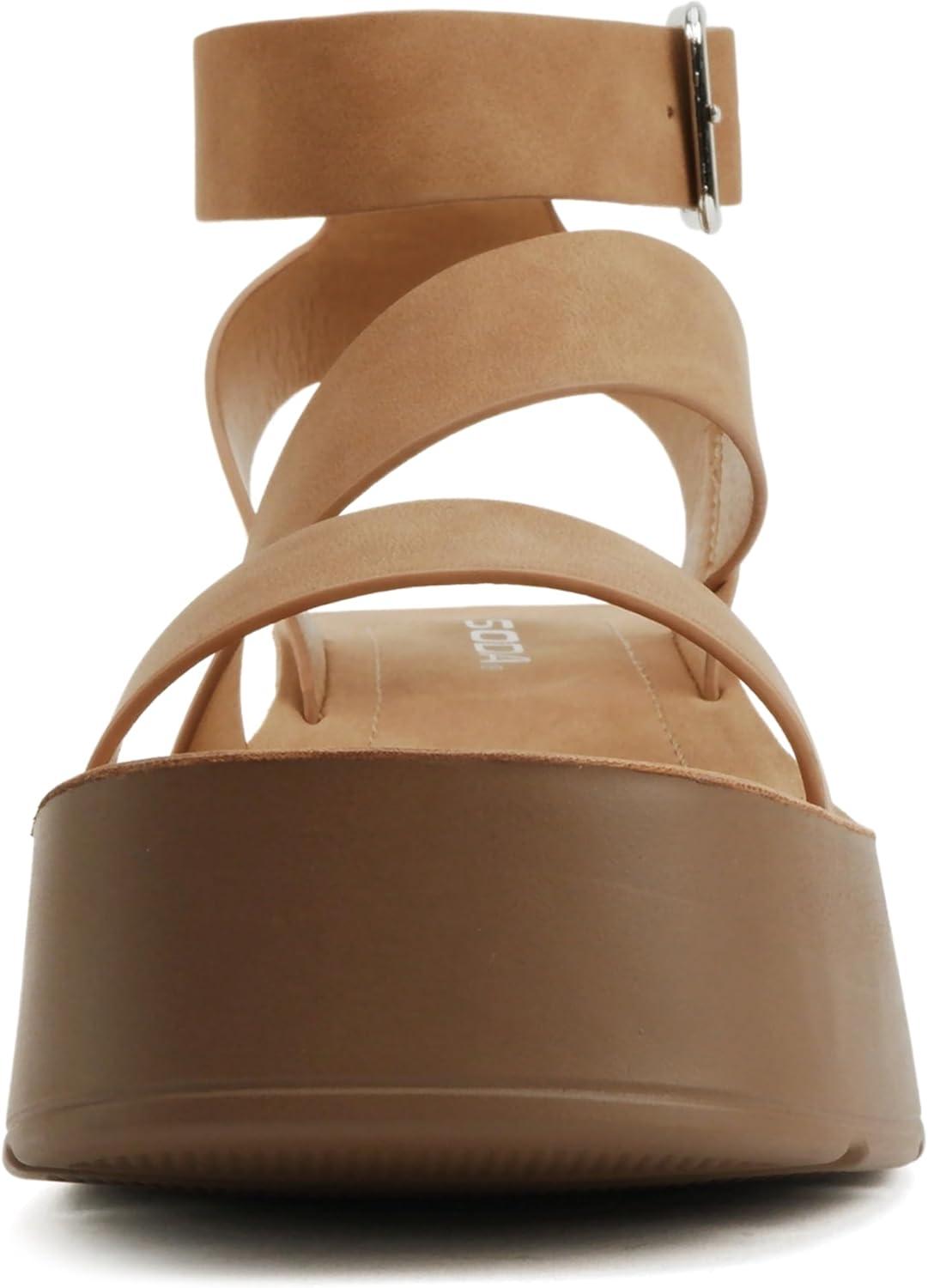 imageSoda Newday  Women Square Toe Multi Strap Low Heel Wedge Sandal with Adjustable Ankle StrapTan Nubuck
