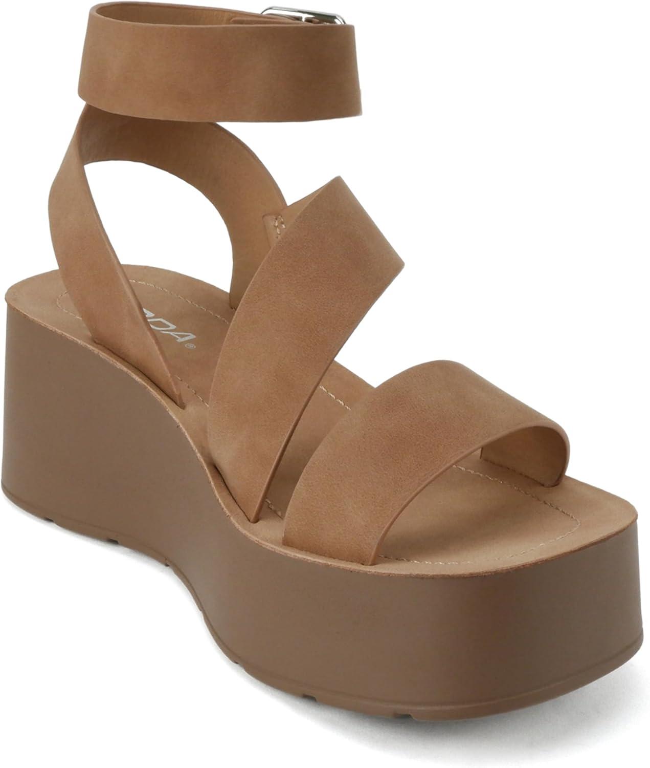 imageSoda Newday  Women Square Toe Multi Strap Low Heel Wedge Sandal with Adjustable Ankle StrapTan Nubuck