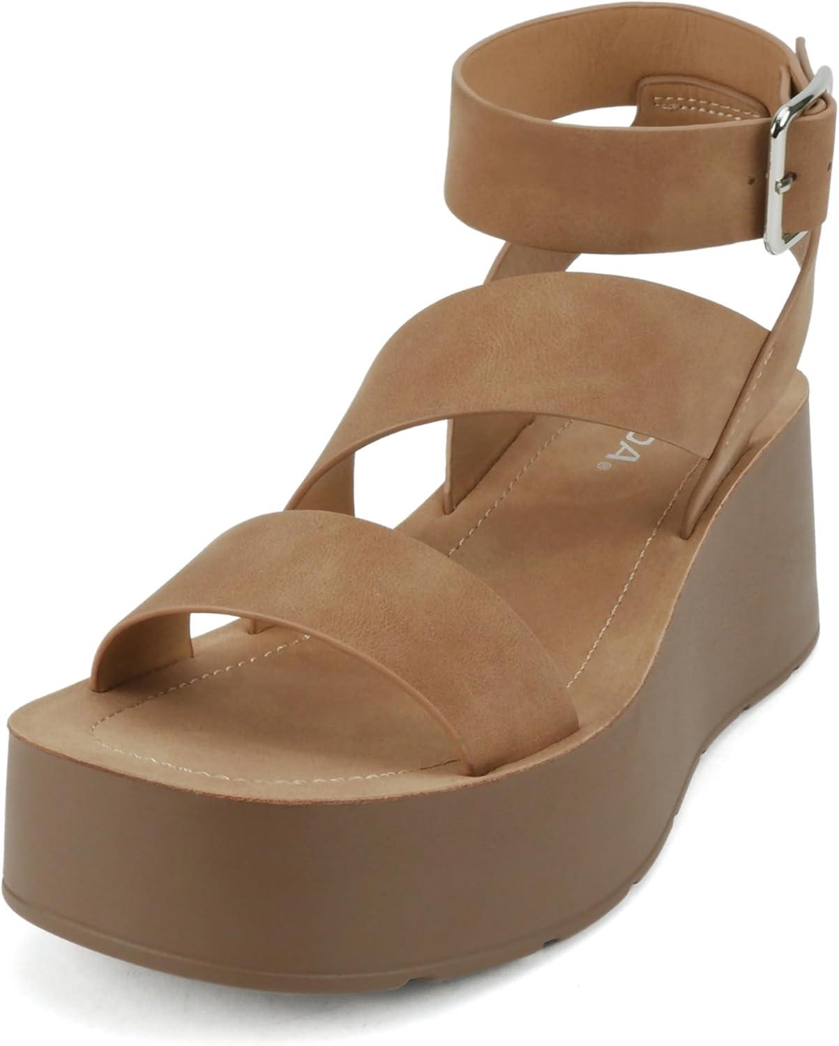 imageSoda Newday  Women Square Toe Multi Strap Low Heel Wedge Sandal with Adjustable Ankle StrapTan Nubuck