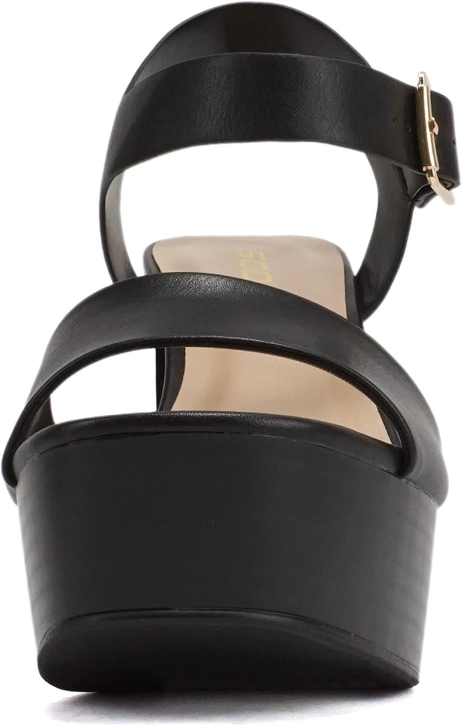 imageSoda OPTIONS  Women Open Square Toe Single Band Ankle Strap Buckle Platform High Heel SandalBlack Pu