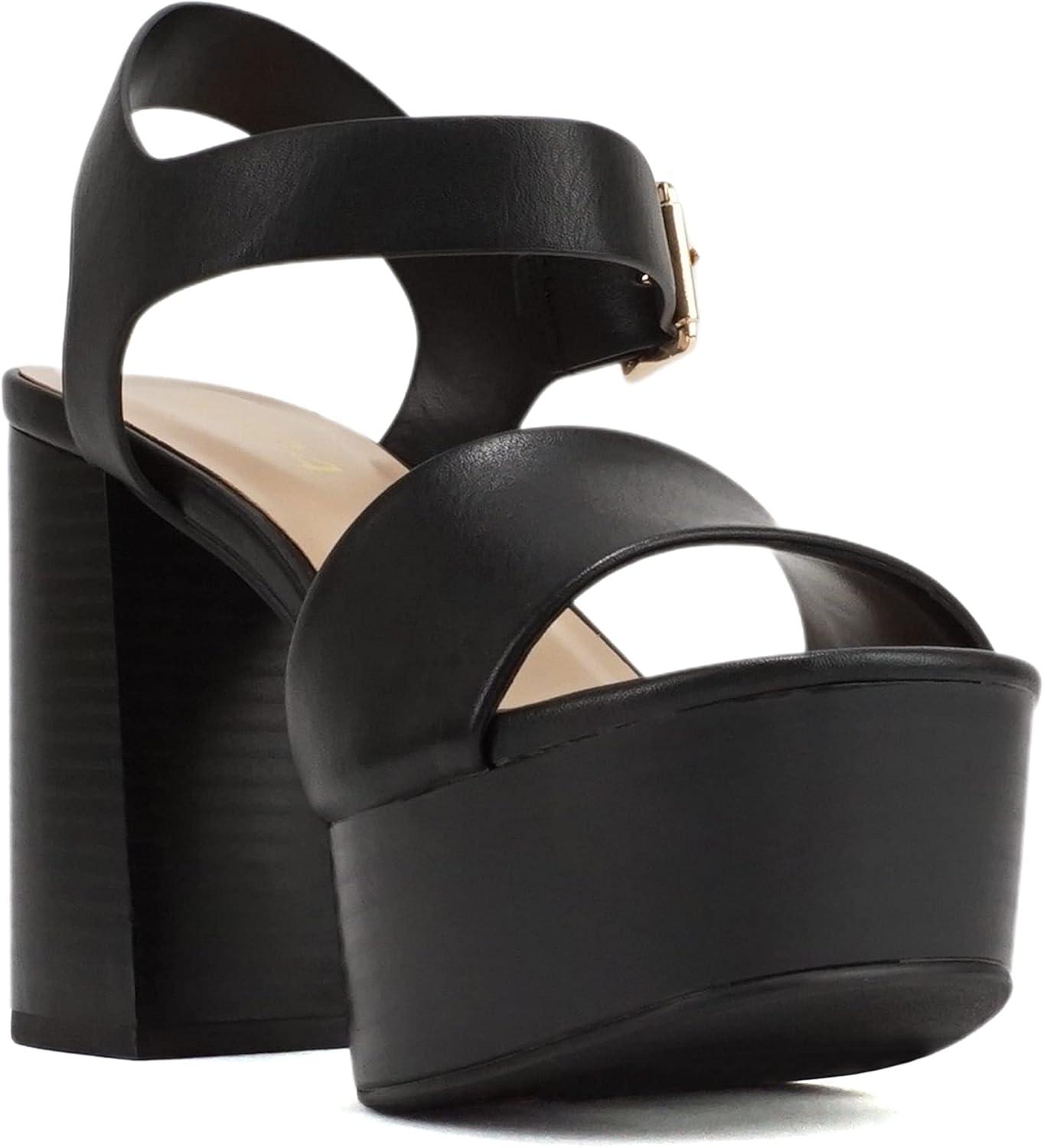 imageSoda OPTIONS  Women Open Square Toe Single Band Ankle Strap Buckle Platform High Heel SandalBlack Pu
