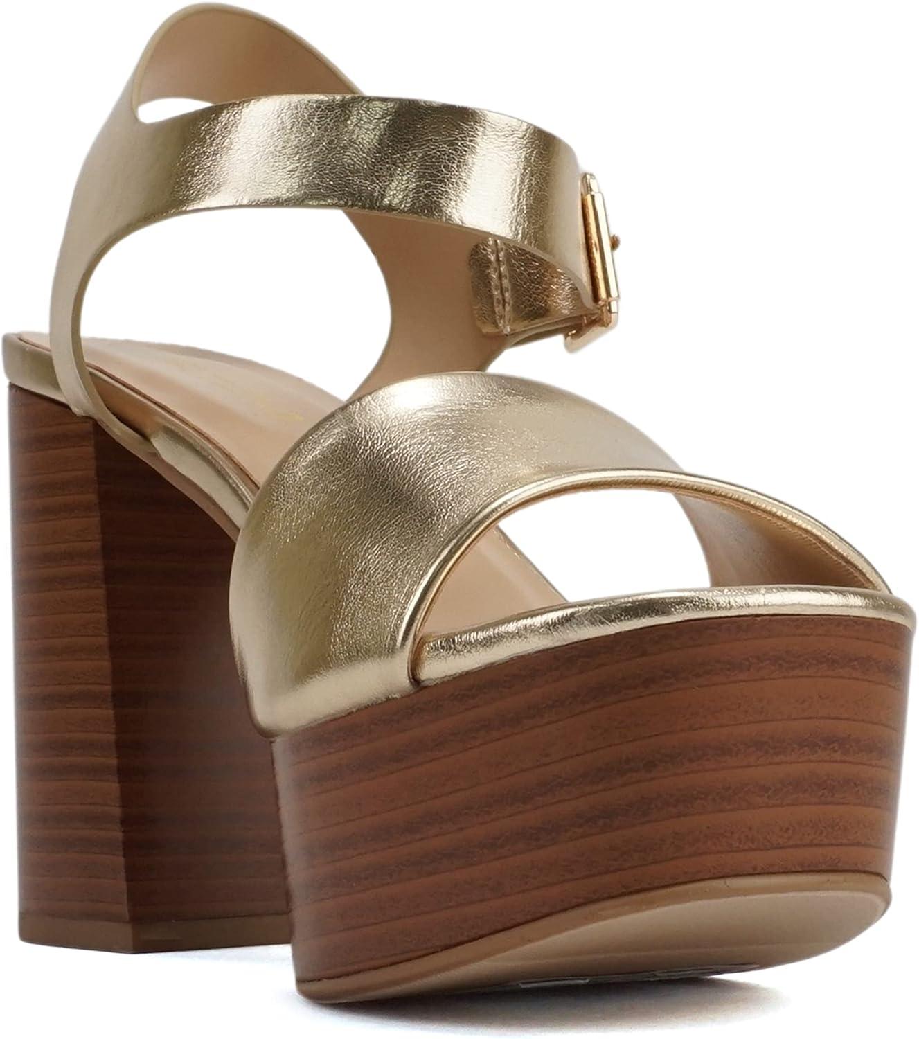 imageSoda OPTIONS  Women Open Square Toe Single Band Ankle Strap Buckle Platform High Heel SandalGold Metallic Pu