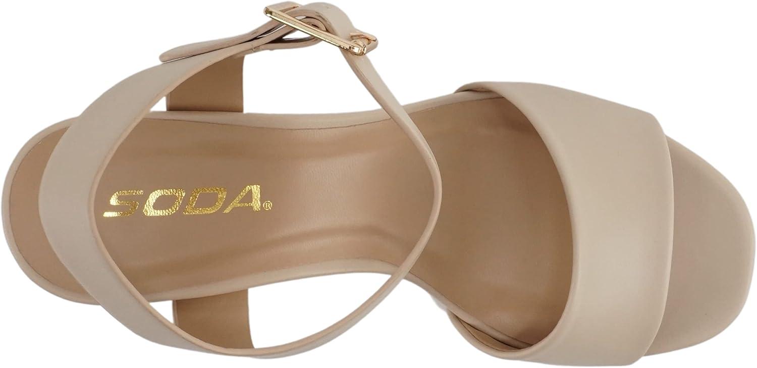 imageSoda OPTIONS  Women Open Square Toe Single Band Ankle Strap Buckle Platform High Heel SandalNude Pu
