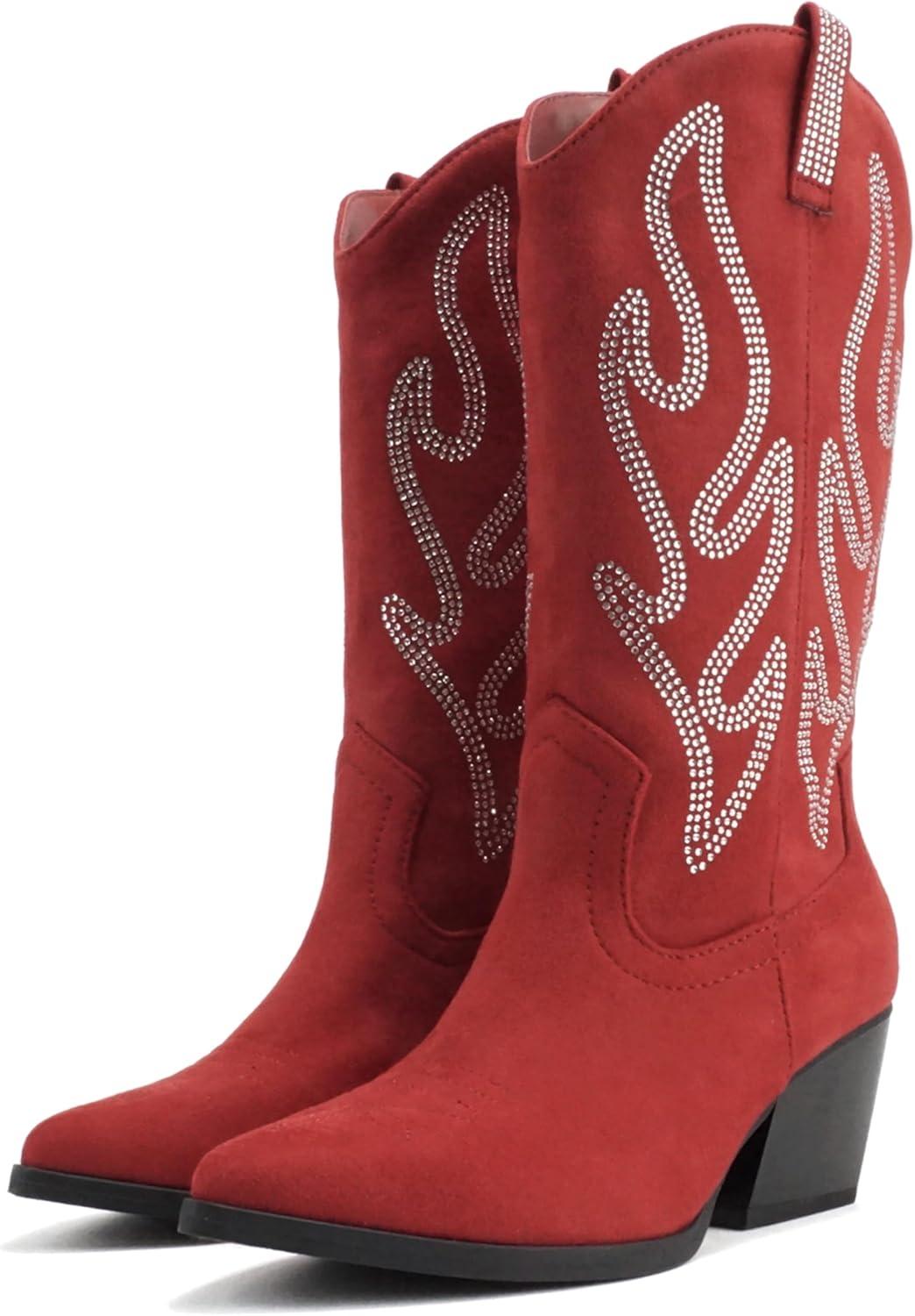 imageSoda OZIE  Women Pointed Toe Low Heel Rhinestone MidCalf Western BootBright Red Suede