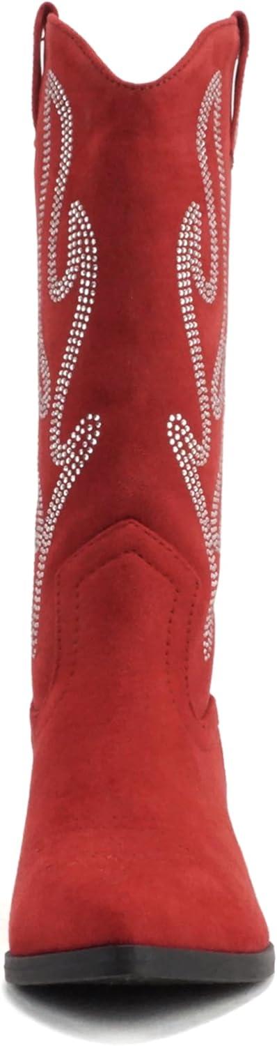 imageSoda OZIE  Women Pointed Toe Low Heel Rhinestone MidCalf Western BootBright Red Suede