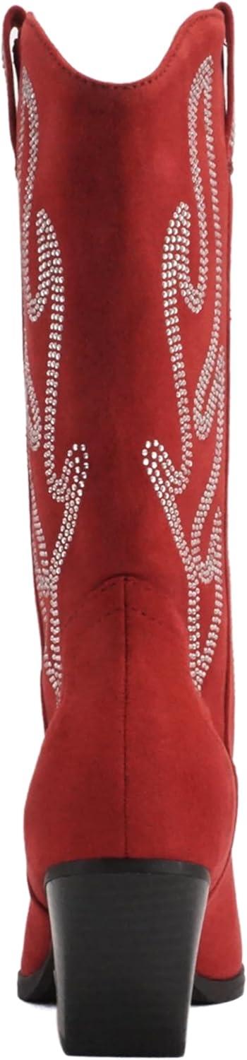 imageSoda OZIE  Women Pointed Toe Low Heel Rhinestone MidCalf Western BootBright Red Suede