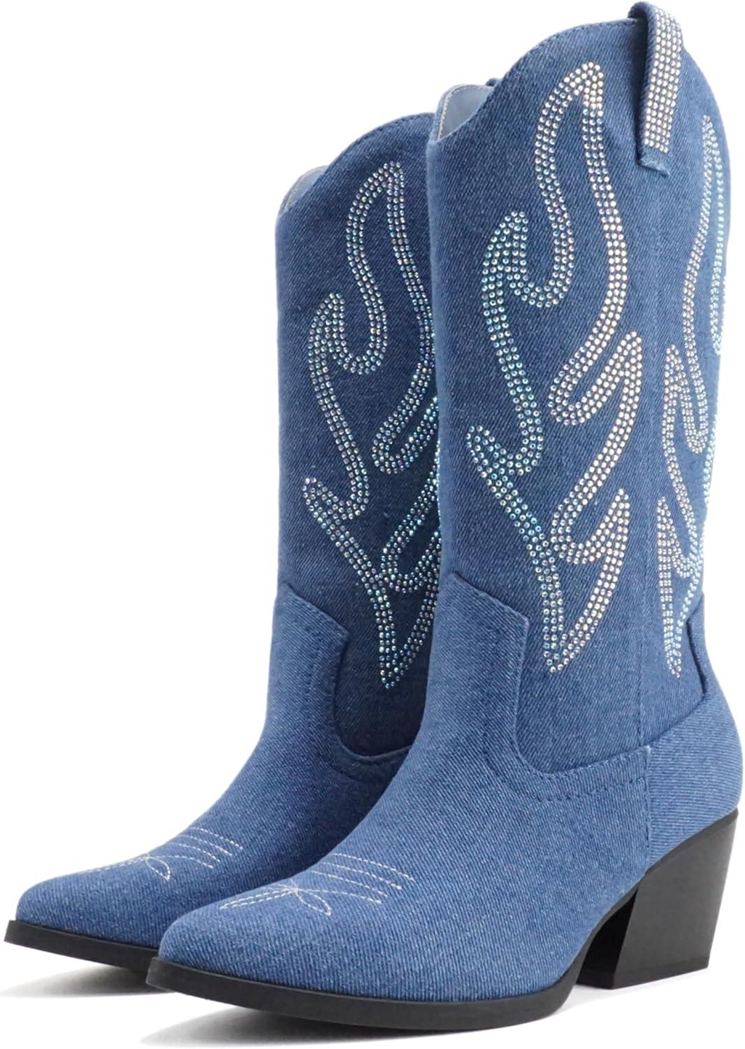 imageSoda OZIE  Women Pointed Toe Low Heel Rhinestone MidCalf Western BootDenim Blue