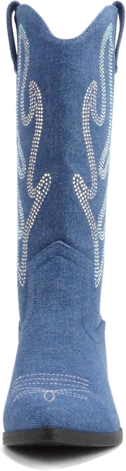 imageSoda OZIE  Women Pointed Toe Low Heel Rhinestone MidCalf Western BootDenim Blue