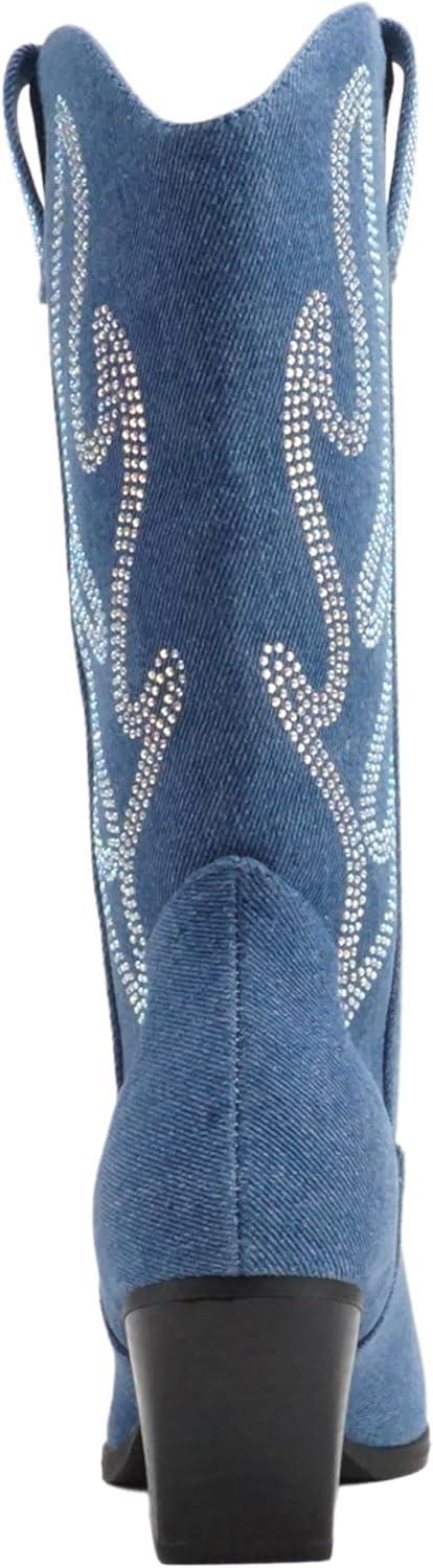 imageSoda OZIE  Women Pointed Toe Low Heel Rhinestone MidCalf Western BootDenim Blue