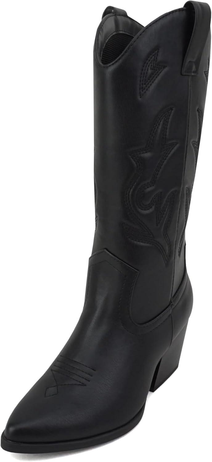 imageSoda Orville  Women Western Cowboy Stitched Pointe Toe Heel Ankle Mid Shaft Fashion BootsBlack Pu