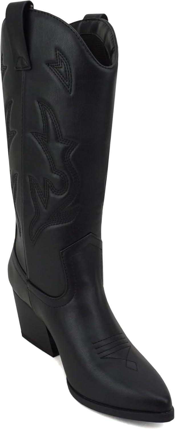 imageSoda Orville  Women Western Cowboy Stitched Pointe Toe Heel Ankle Mid Shaft Fashion BootsBlack Pu