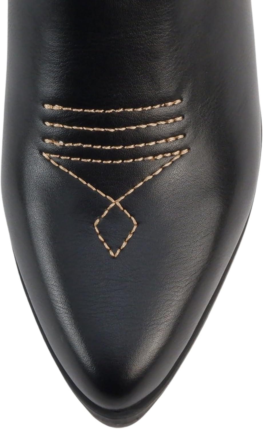 imageSoda Orville  Women Western Cowboy Stitched Pointe Toe Heel Ankle Mid Shaft Fashion BootsBlack PuTan