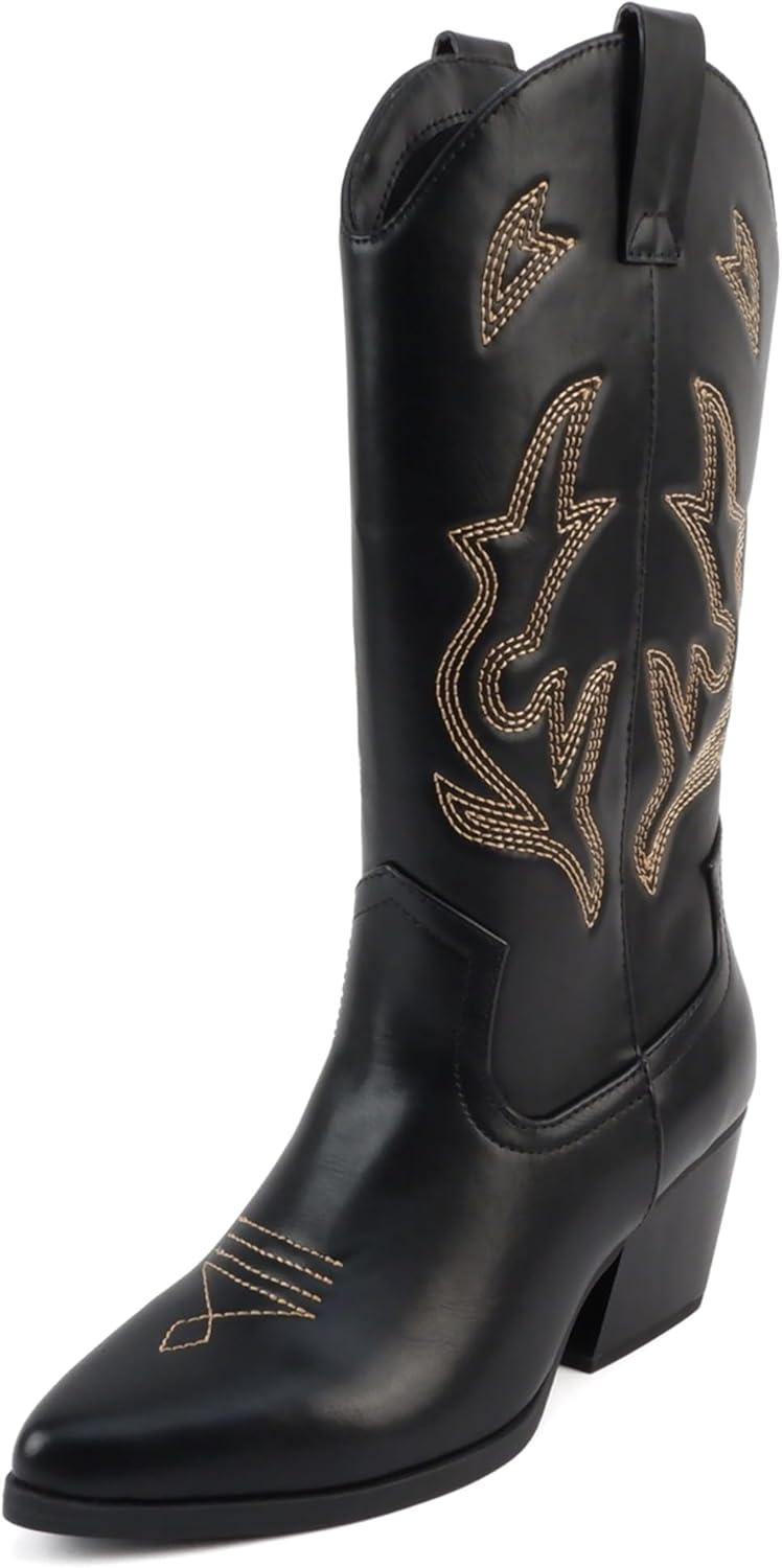 imageSoda Orville  Women Western Cowboy Stitched Pointe Toe Heel Ankle Mid Shaft Fashion BootsBlack PuTan