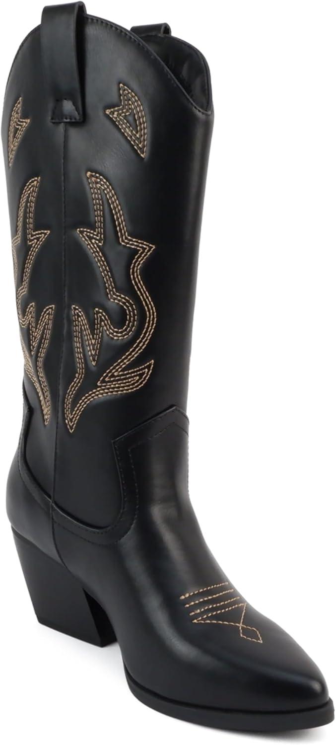 imageSoda Orville  Women Western Cowboy Stitched Pointe Toe Heel Ankle Mid Shaft Fashion BootsBlack PuTan