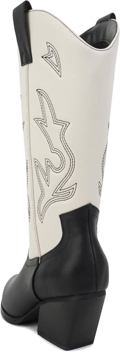 imageSoda Orville  Women Western Cowboy Stitched Pointe Toe Heel Ankle Mid Shaft Fashion BootsBlackOff White Pu