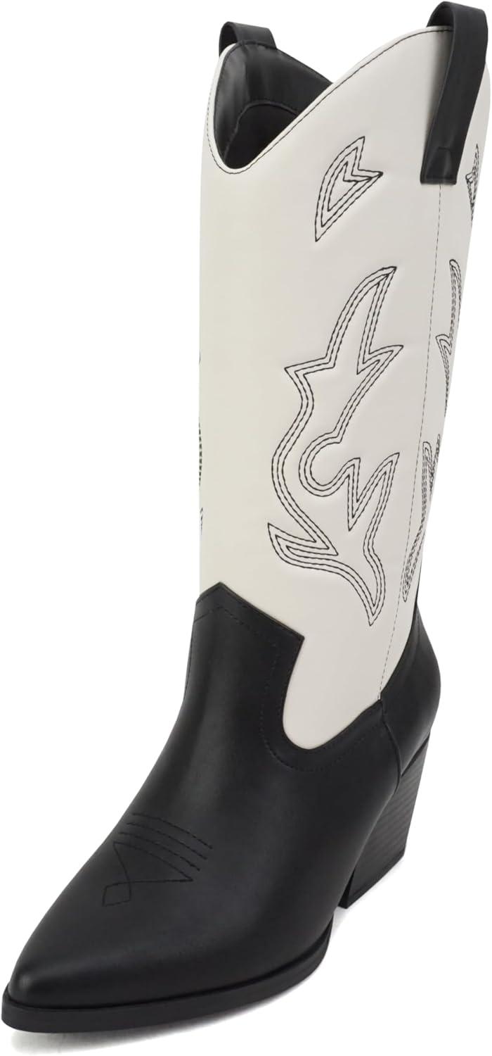 imageSoda Orville  Women Western Cowboy Stitched Pointe Toe Heel Ankle Mid Shaft Fashion BootsBlackOff White Pu