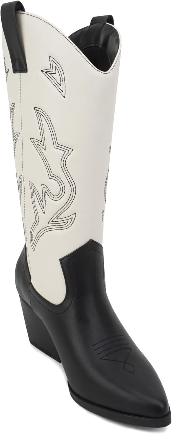 imageSoda Orville  Women Western Cowboy Stitched Pointe Toe Heel Ankle Mid Shaft Fashion BootsBlackOff White Pu