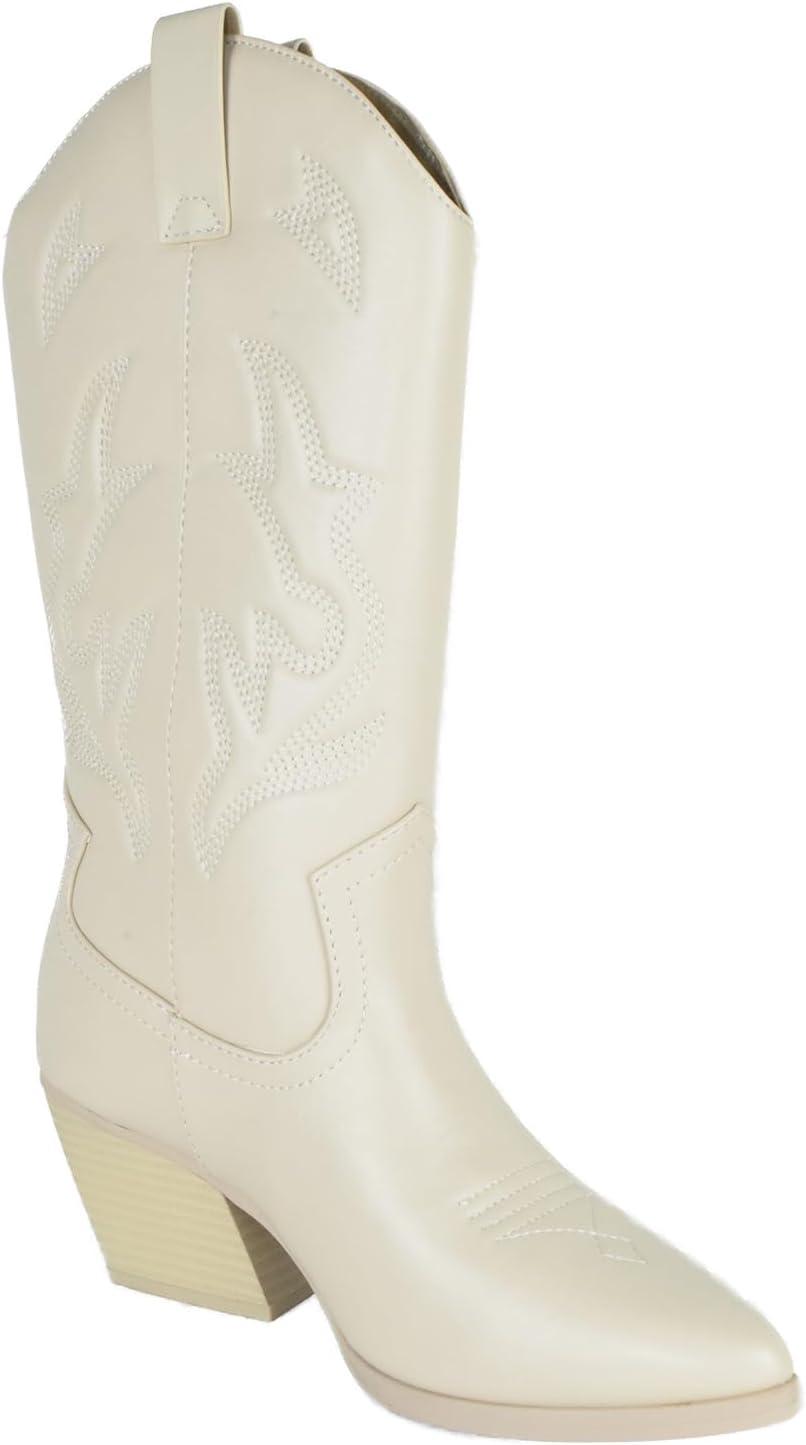 imageSoda Orville  Women Western Cowboy Stitched Pointe Toe Heel Ankle Mid Shaft Fashion BootsBone