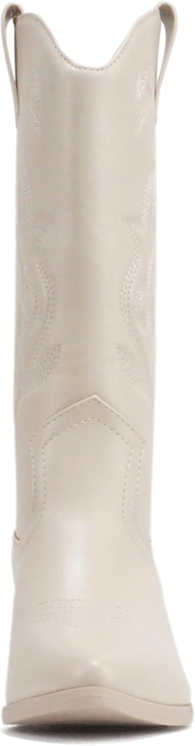 imageSoda Orville  Women Western Cowboy Stitched Pointe Toe Heel Ankle Mid Shaft Fashion BootsBone Pu