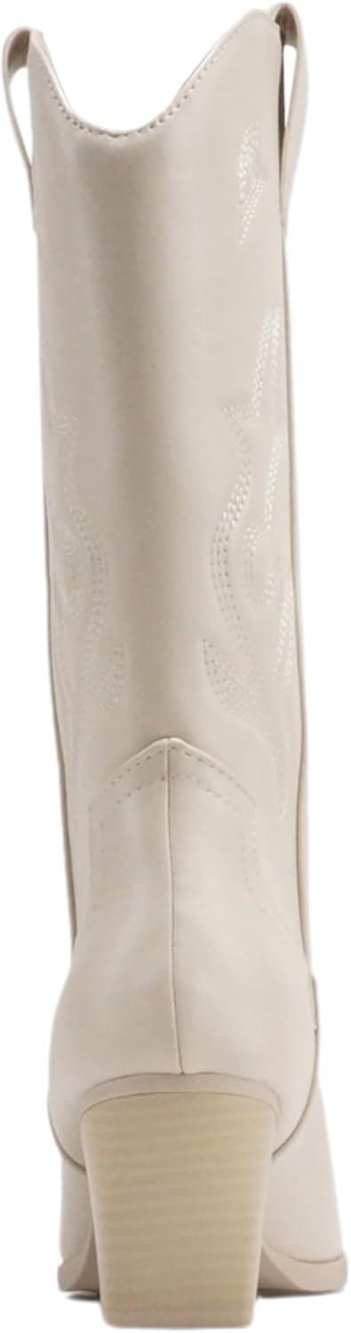 imageSoda Orville  Women Western Cowboy Stitched Pointe Toe Heel Ankle Mid Shaft Fashion BootsBone Pu