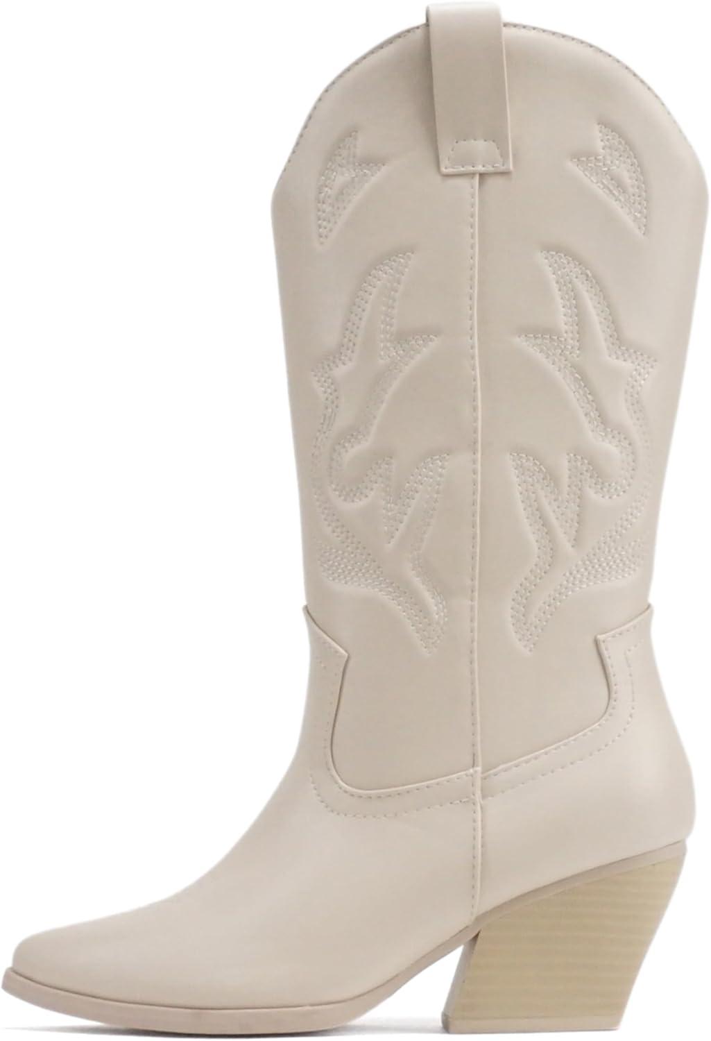 imageSoda Orville  Women Western Cowboy Stitched Pointe Toe Heel Ankle Mid Shaft Fashion BootsBone Pu