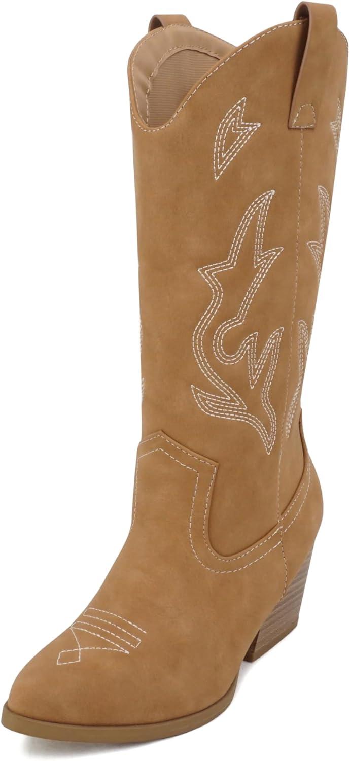 imageSoda Orville  Women Western Cowboy Stitched Pointe Toe Heel Ankle Mid Shaft Fashion BootsCoffee Nubuck