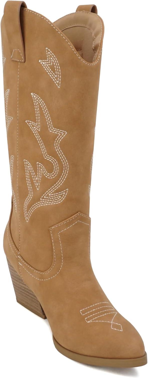 imageSoda Orville  Women Western Cowboy Stitched Pointe Toe Heel Ankle Mid Shaft Fashion BootsCoffee Nubuck