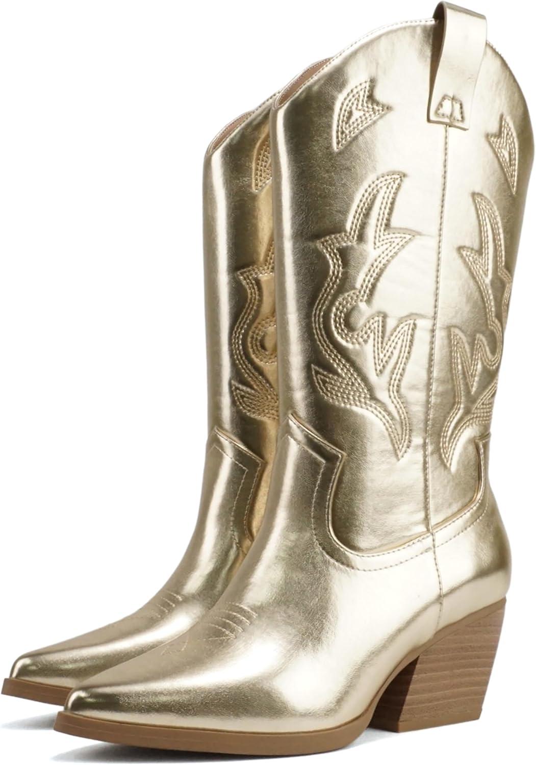 imageSoda Orville  Women Western Cowboy Stitched Pointe Toe Heel Ankle Mid Shaft Fashion BootsDark Gold